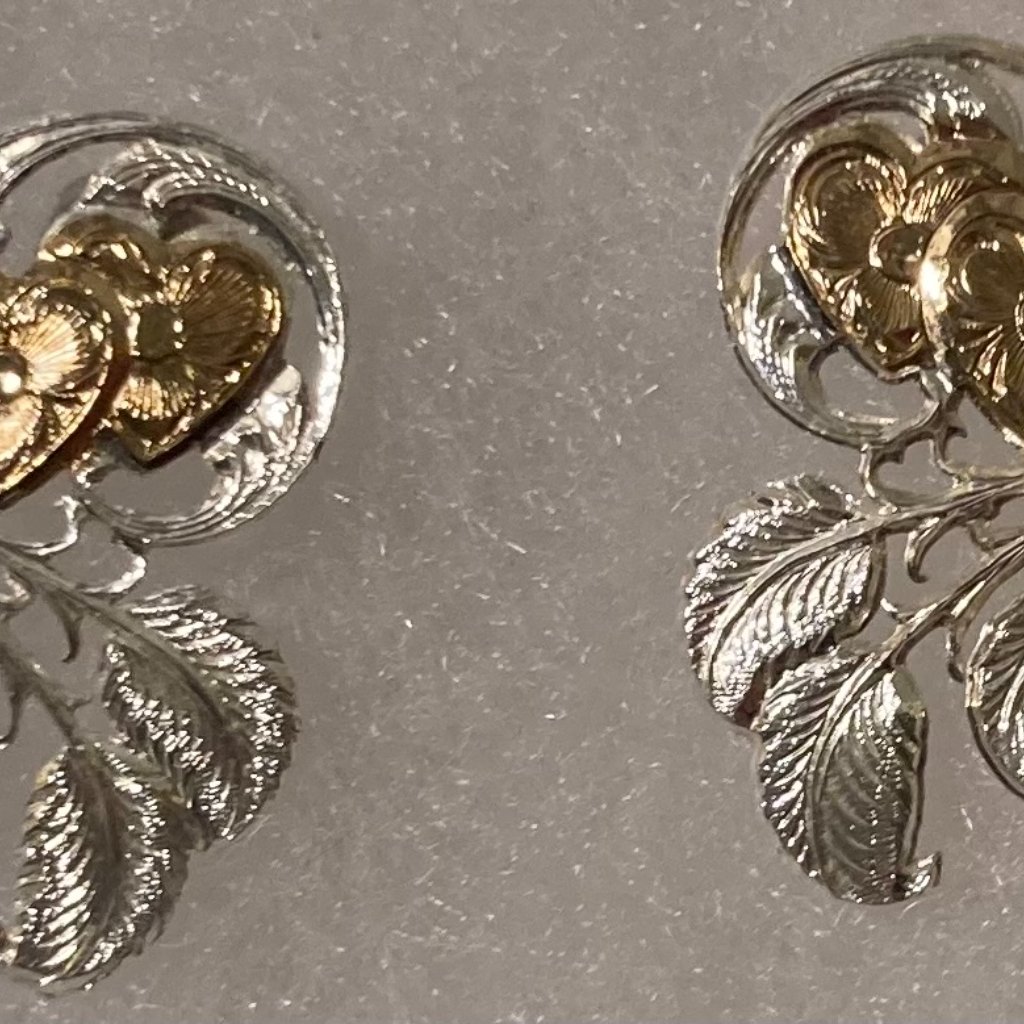 Vintage Metal Montana Silversmiths Brass Hearts With Silver Leafs, Leaves
